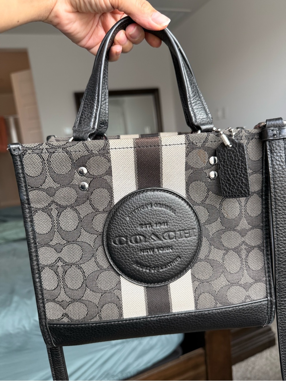 COACH Black and Grey Signature Stripe Satchel
